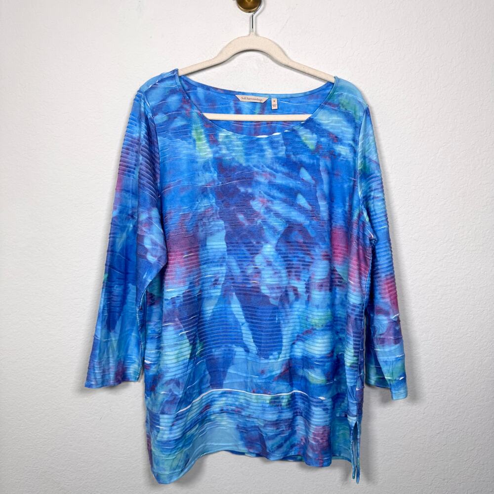 Soft Surroundings Womens Blouse Top Size 1X Textured Watercolor Casual Blue